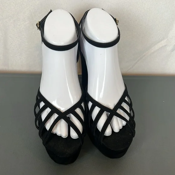 Mango Black Strappy Platform Heels Size 39 (US 8.5) Ankle Cuff Peep Toe - Picture 2 of 14